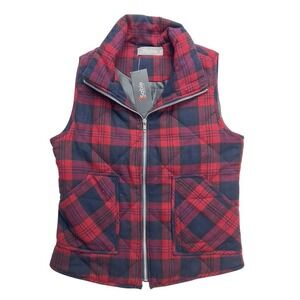 2Sable Red Plaid Quilted Zip Up Vest‎ Women Size S Chico Cotton New